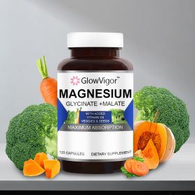 Magnesium Glycinate & Malate Complex w/Vitamin D3, 100% Chelated for Max Absorption, Vegetarian – Bone Health, Nerves, Muscles, 120 Capsules, 60 Days (particle: 60 particles)