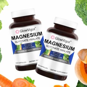 Magnesium Glycinate & Malate Complex w/Vitamin D3, 100% Chelated for Max Absorption, Vegetarian – Bone Health, Nerves, Muscles, 120 Capsules, 60 Days (particle: 120 particles)